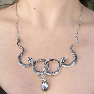 Gothic Snake Necklace silver tone with Dangling Crystal engraved details